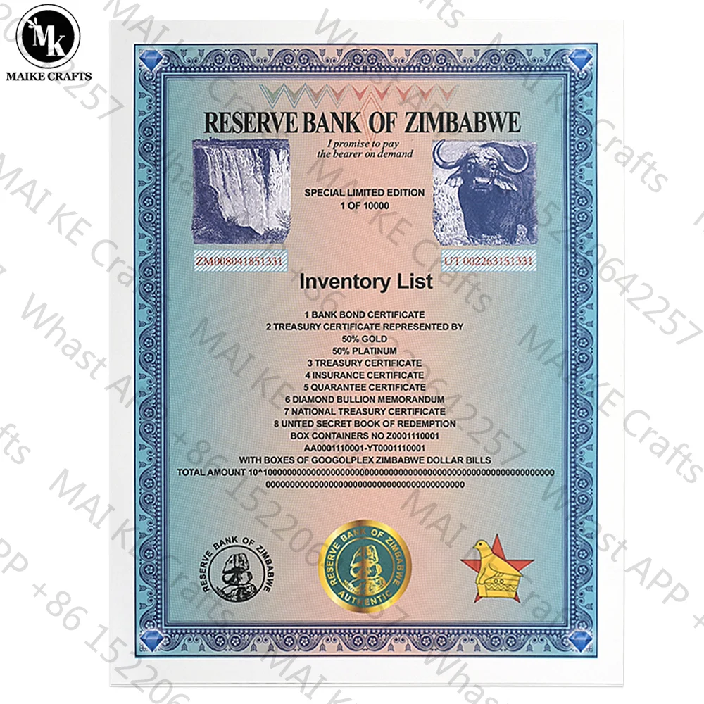 12 Pcs/set Zimbabwe Banknote Large Certificate Paper Reel with UV Serial Number Collection Business Gifts