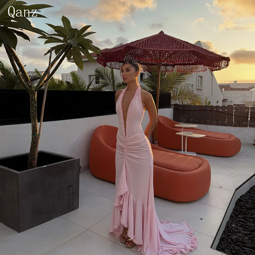 

Qanz Elegant Chiffon Evening Dresses Pink Deep V Neck Mermaid Ruffles Vestido De Festa De Casamento Party Dresses Customized