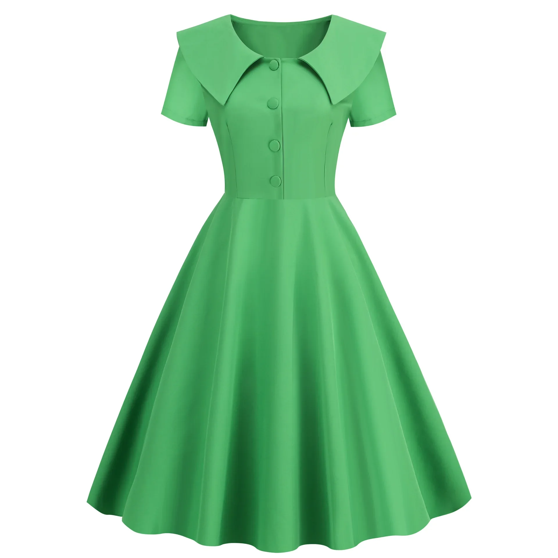 Vestido vintage de cintura alta linha A feminino, elegante gola virada para baixo, senhora do escritório streetwear fino, monocromático, primavera, verão