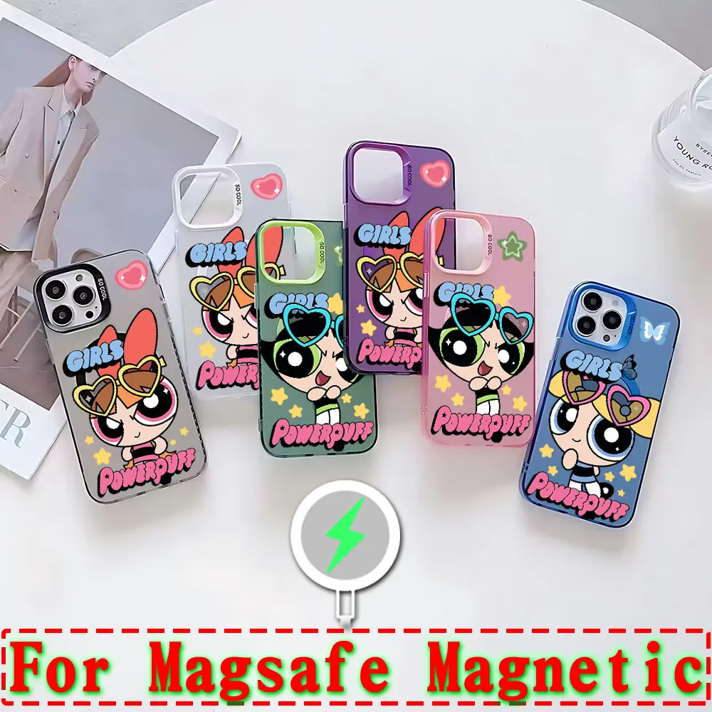 Cute The P-Powerpuffs Girls Magsafe Magnetic Phone Case for IPhone 11 12 13 14 15 16 Pro Max Plus Creative Silver Plated Cover