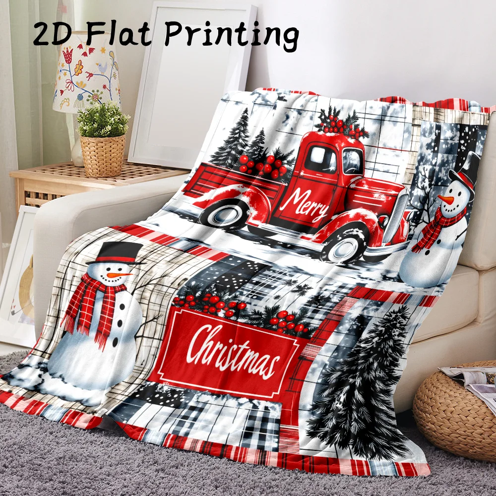 1PC 2D flat-printed flannel blanket with a red truck and snowman design, ultra-soft—for Christmas decorations, holiday parties,