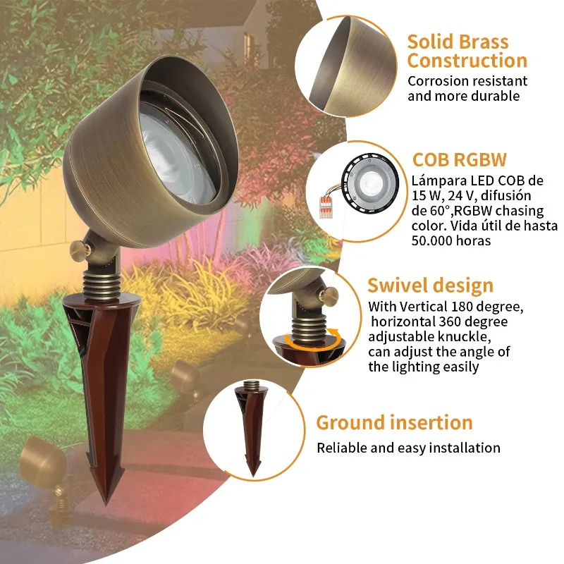 Low Voltage Outdoor Diode Brass Spotlight Landscape Light RGBW 15W 24V IP65  Brass Smart Wireless