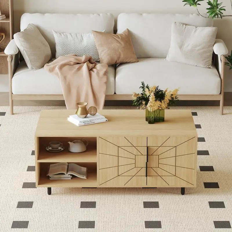 طاولة قهوة MDF حديثة مزخرفة على شبكة العنكبوت - فن هندسي وتصميم عملي بألوان خشبية طبيعية، 43.3 × 23.6 × 17.8 بوصة -