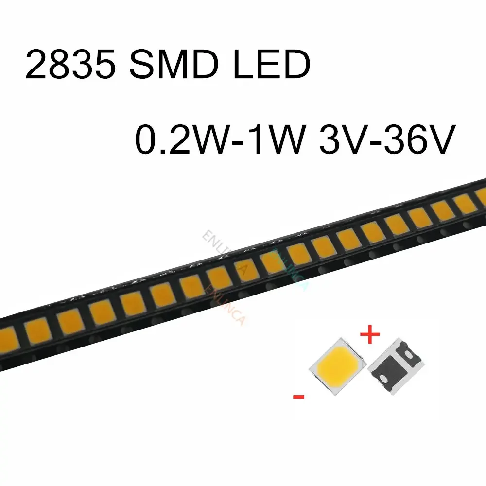 100 sztuk LED SMD 2835 chipy 0.2W 0.5W 1W 3V 6V 9V 18V 36V koraliki światło biała powierzchnia góra PCB dioda elektroluminescencyjna lampa