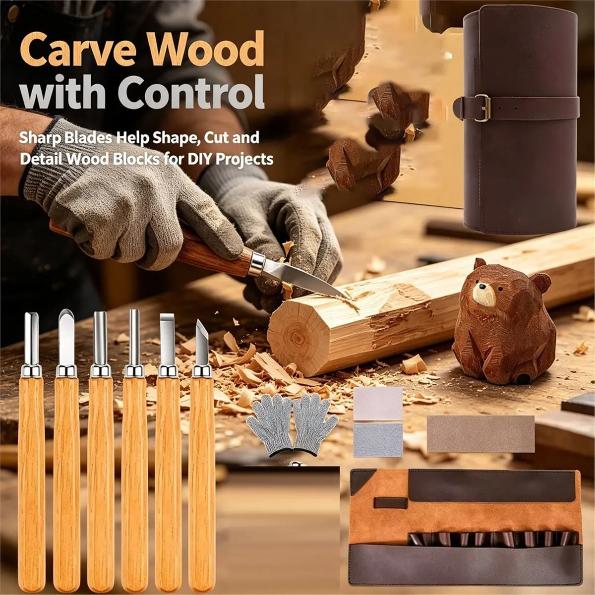 Novice Carving Knife Set for Woodworking Beginners, Wood Carving Cutting Knife Scimitar and Digging Spoon Full Manual