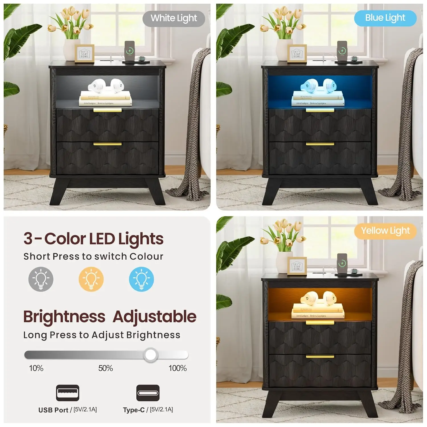LED Nightstand with Auto Sensor and USB&Type-C for Bedroom,Black, Customized