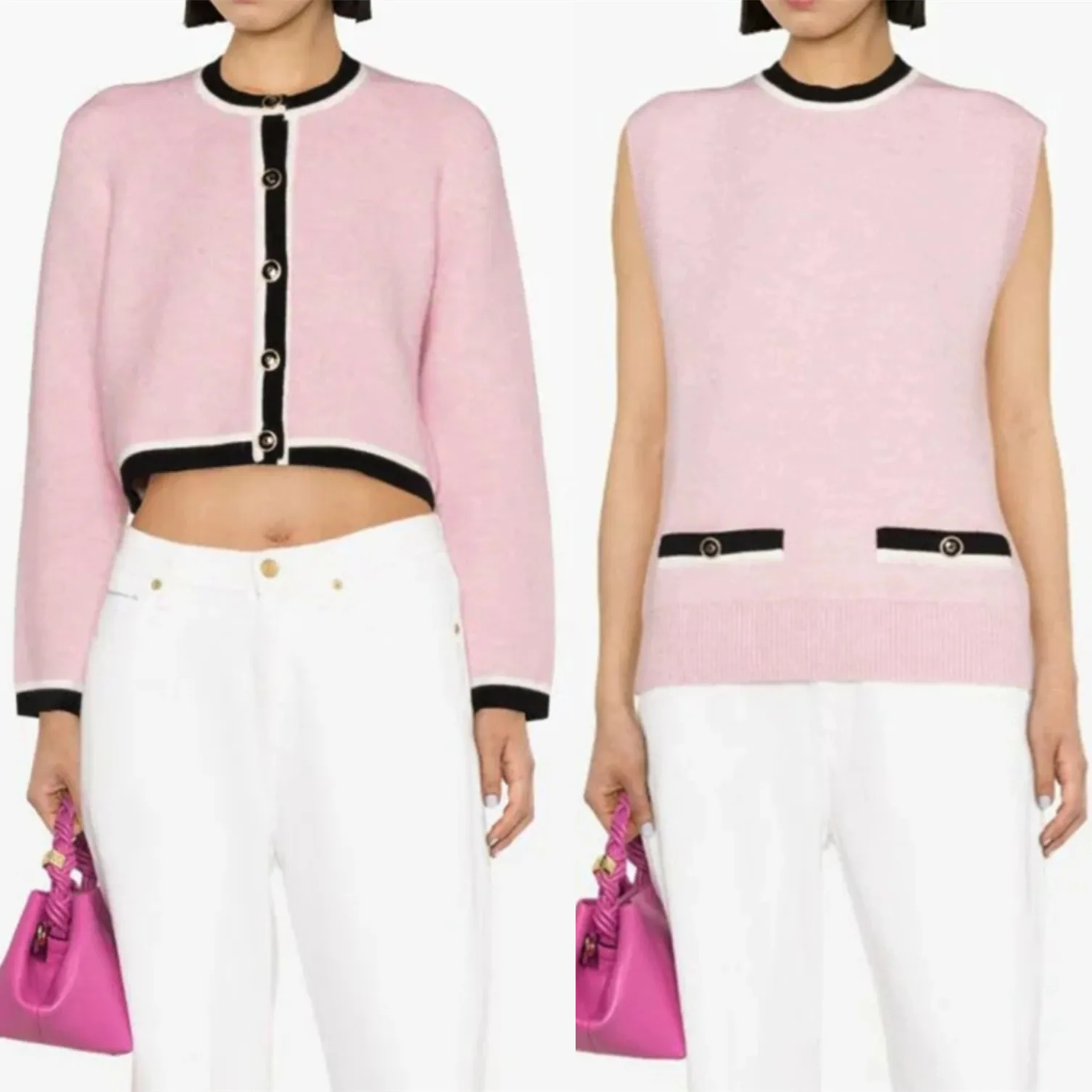 

Высококачественный женский вязаный свитер Faion ort в европейском стиле розового цвета Blo на одной пуговице, небольшой ароматный топ