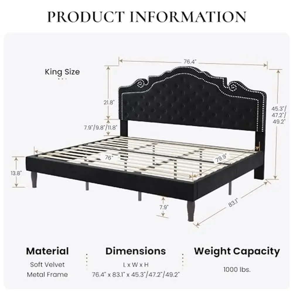 King Size Velvet Upholstered Bed Frame with Adjustable Tiara Headboard Modern Diamond Button Tufted Design Metal Studs No Box