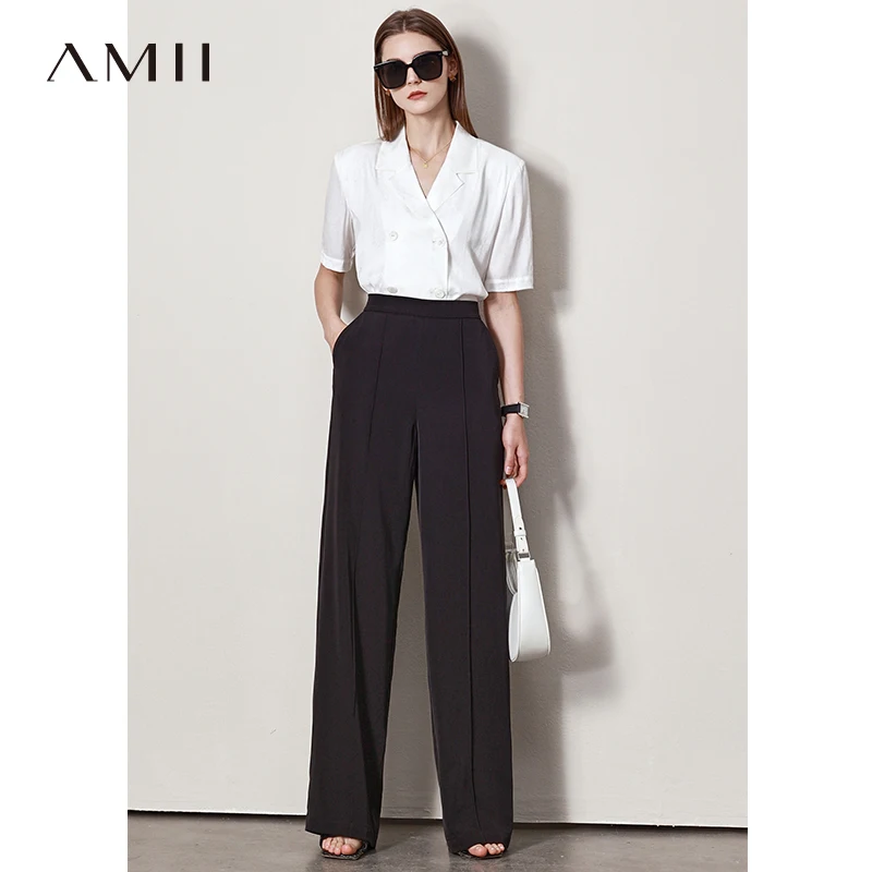 Amii Pantaloni Minimalismo da Donna Primavera Office Lady Pantaloni a Vita Alta Lettera Ricamo Pantaloni a Gamba Larga Pantaloni Femminili 12240015