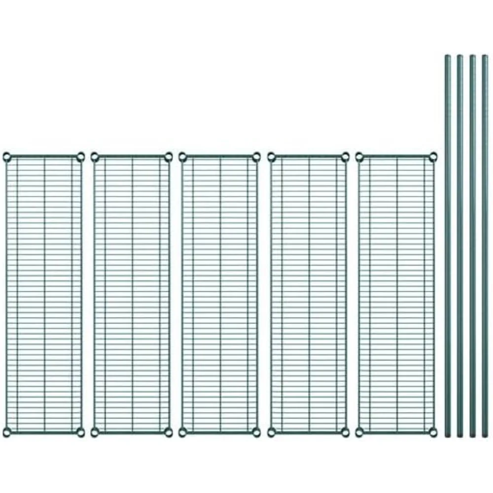 Adjustable 5-Shelf Green Epoxy Wire Shelving Kit, 14x48 Inches, 64 Inch Posts, 600 lb Capacity, Suitable for Moist Environments