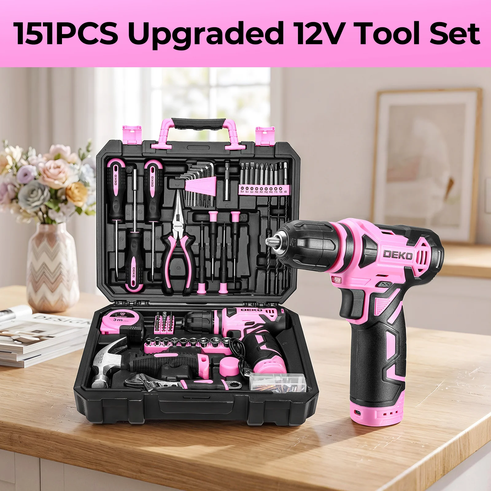 

DEKO 151PCS Electric Tool Set With 12V Cordless Drill / Driver, Tape Measure, Hammer, Screwdriver Kit and Precision Tools | Household Toolbox for Garden, DIY, Home Projects, Outdoor Repairs, Woodworking, Bike, School and Furniture Refurbish | Gifts for Wo