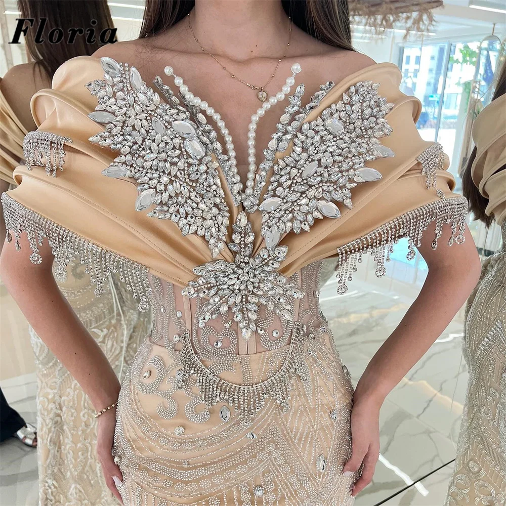 

Champagne Beaded Evening Dresses Dubai Crystals Mermaid Birthday Party Second Reception Gowns Wedding Guest Gowns Customized