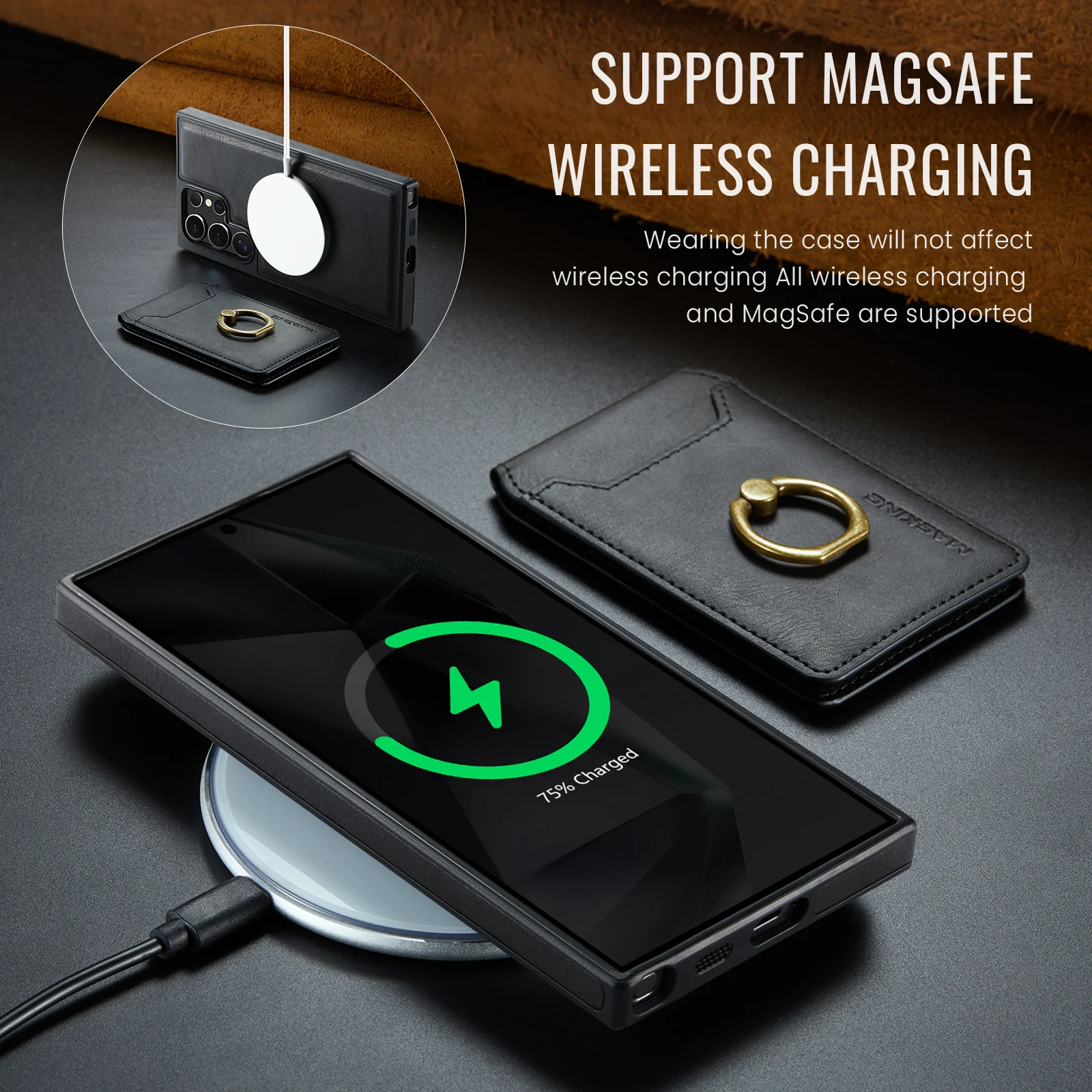 حافظة محفظة 2 في 1 قابلة للفصل لهاتف سامسونج جالاكسي S25 S24 S23 Plus FE Magsafe شحن لاسلكي مغناطيسي مع غطاء حلقي مرن