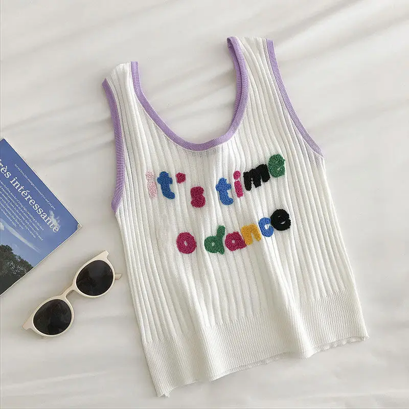 Ribbed Tank Top Crop Top Women\'s Short Cute Graphic Knit Kawaii T-Shirts Vest Summer Ladies Sleeveless Rainbow Letter Top Female