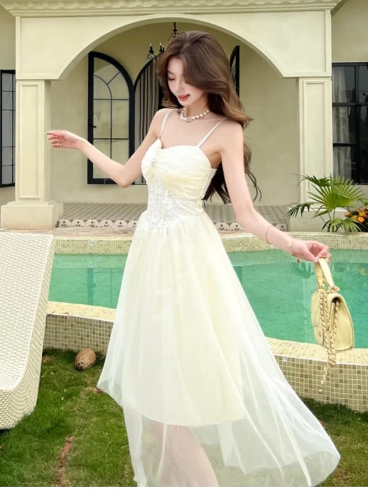 

Women's Summer Elegant Solid Lace Mesh Slim Suspender Dresses Holiday Beach Sleeveless Sundress Birthday Party Wedding Guest