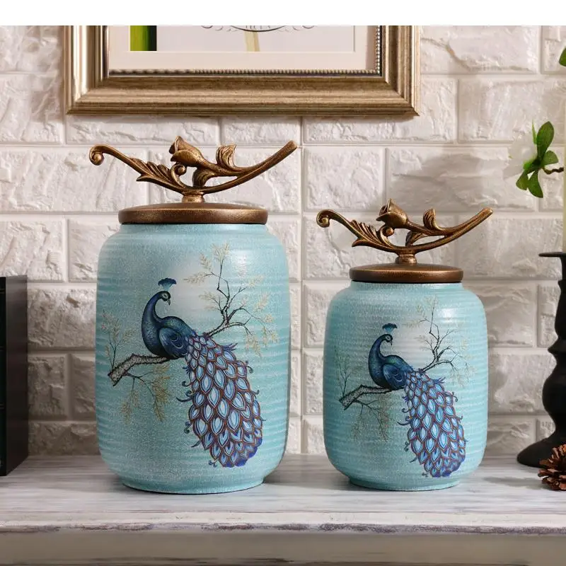 Antique Candy Jars with Cover Storage Jar Sugar Bowl Peacock Pattern Jewelry Container Organizer American Rustic Home Decor