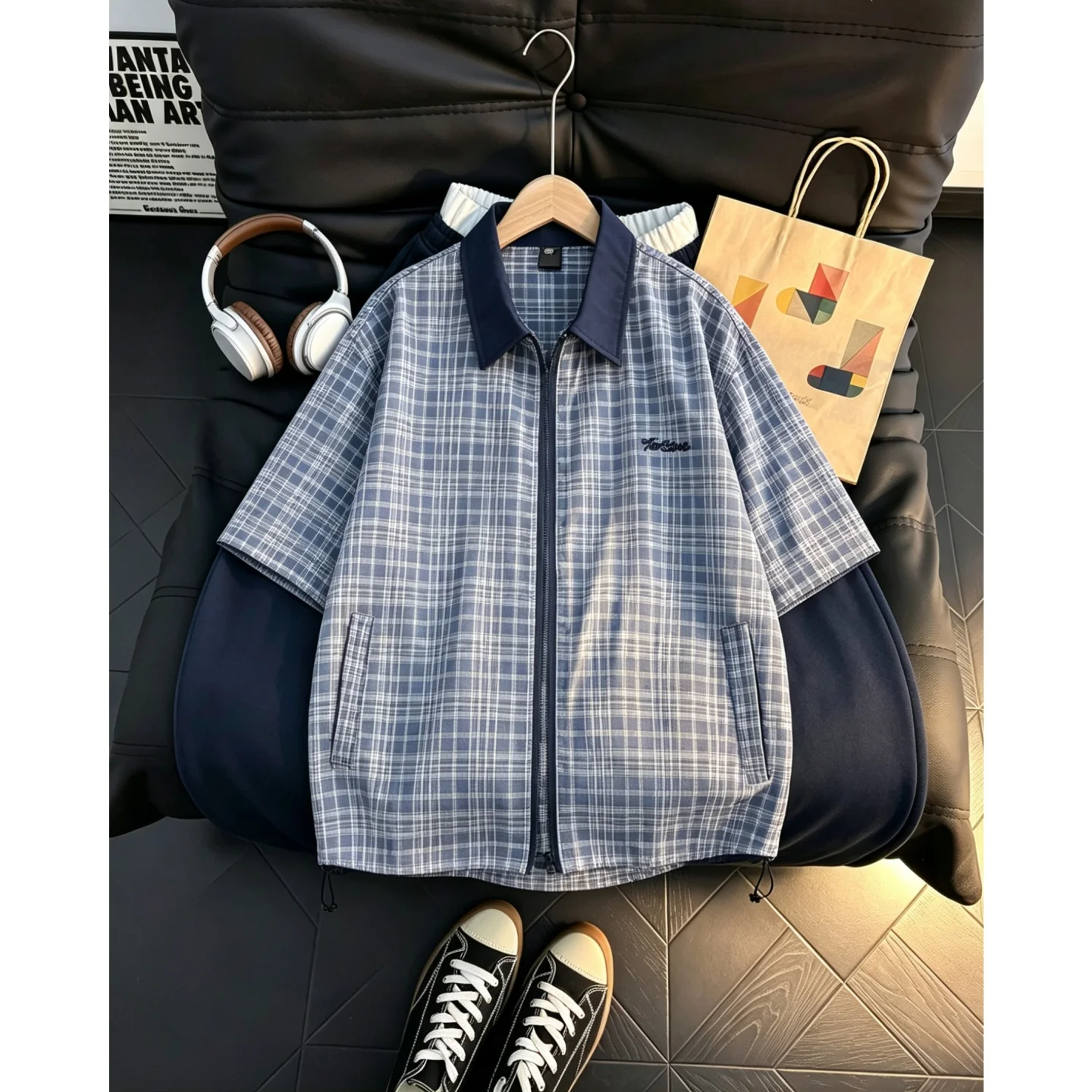 

Retro American Contrast Color Plaid Short Sleeve Casual Loose Shirt Unisex Summer College Style Blue Versatile Shirt