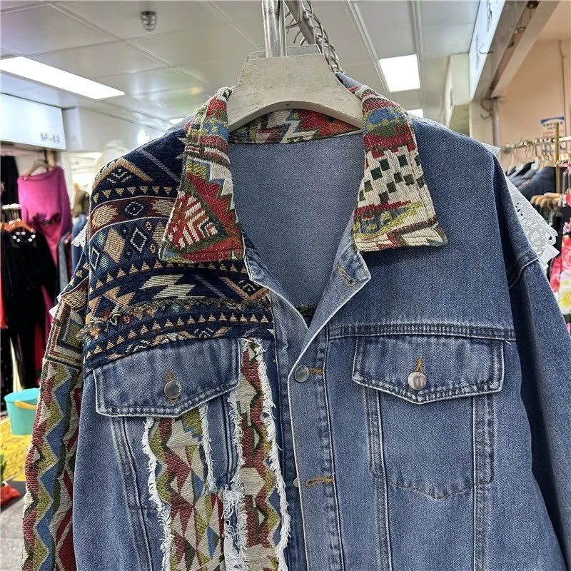 Harajuku Vintage สไตล์ชาติพันธุ์รูปแบบ Patchwork Blue Denim แจ็คเก็ตฤดูใบไม้ร่วงลําลองแขนยาวกางเกงยีนส์ Chaqueta Mujer