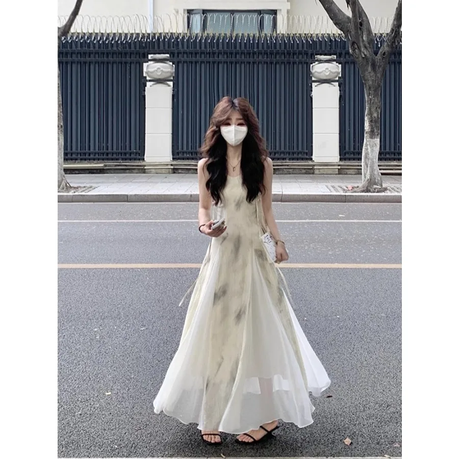 

[Original practice] Retro ink-printed suspender dress for women in summer waist waist slimming large skirt A-word length