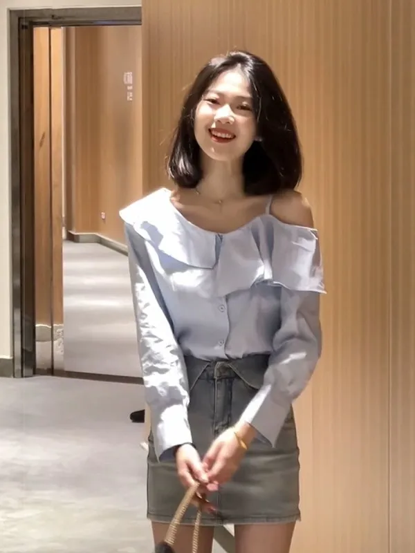 

Синяя женская блузка с открытыми плечами и длинными рукавами, свободного кроя, с низким воротником, в французском стиле, из полиэфирного волокна, повседневный топ для весны и лета