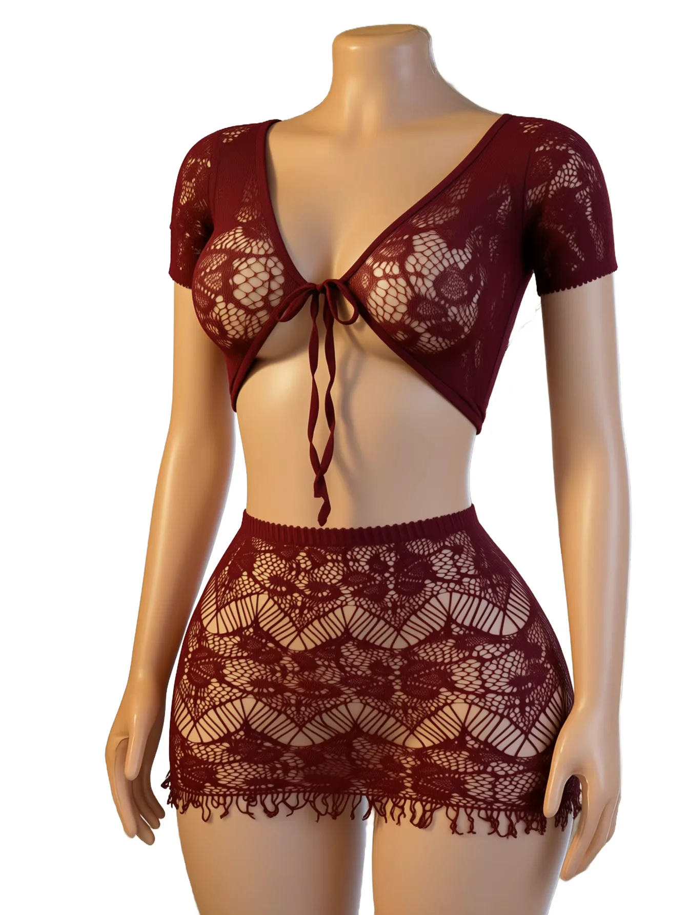 Women Short Sleeve Lace Set, Front Tie Crop Top & Sheer Mini Skirt for Date & Party (One size fits 88-132lbs)