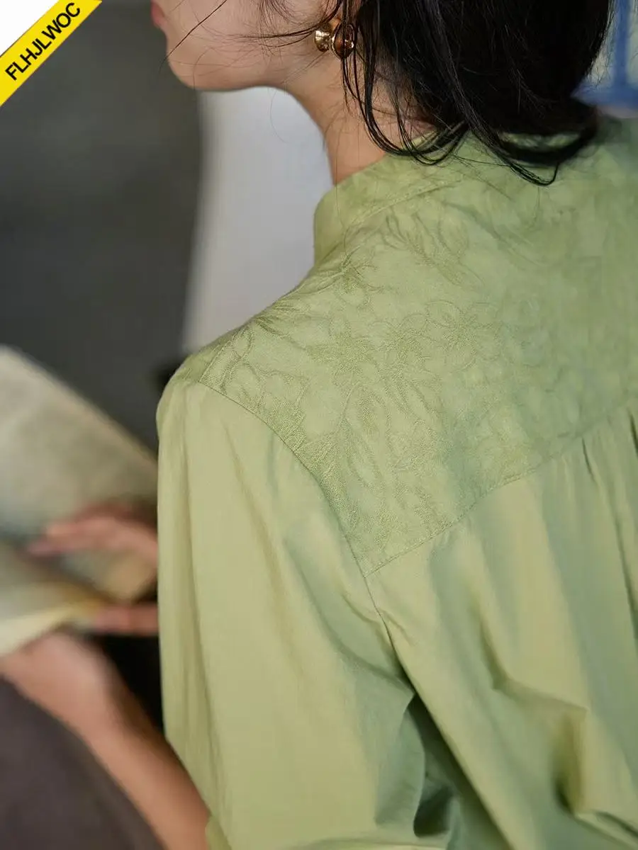 FLHJLWOC Katoenen Tops Blouses Japan Meisjes Leuke Zoete Preppy Stijl Lange Mouw Effen Groene Knop Retro Vintage Shirts