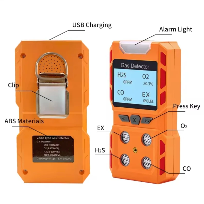 Detector de fugas de gas digital portátil 4 en 1, analizador multigas H2S CO O2 EX con pantalla LCD para uso en laboratorio, industria química