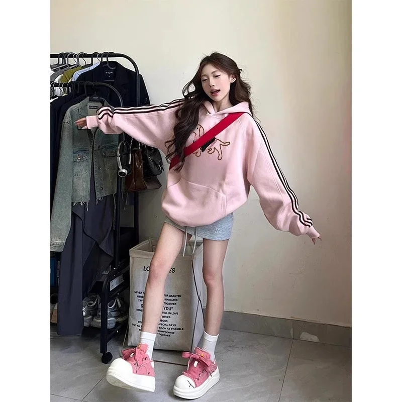 American Pink Dopamine Loose Hooded Hundred Sweatshirt Women Autumn and Winter New Sweatshirt Three Bar Lazy Wind Jacket Top