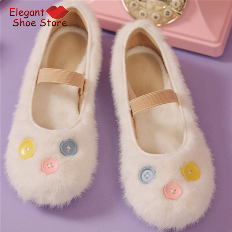 Colorful Button Flat Casual Shoes for Women White Furry Round Toe Slip-On Pumps Spring Summer New Outdoor Comfortable Flats
