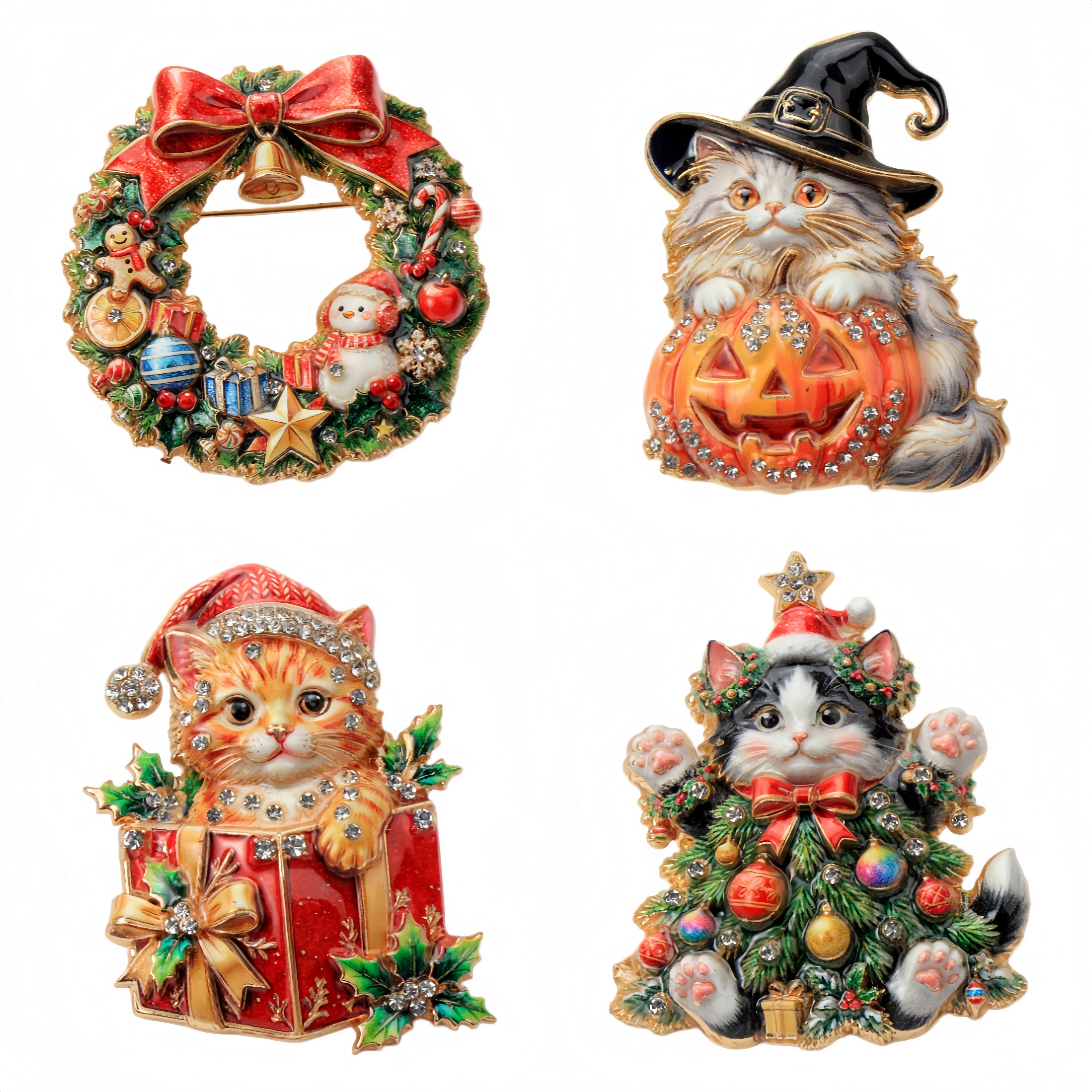Essh&Pule Christmas Cat Statement Brooch Color Enamel Rhinestone Lapel Pin Cute Holiday Winter Women Coat Party Jewelry Gift