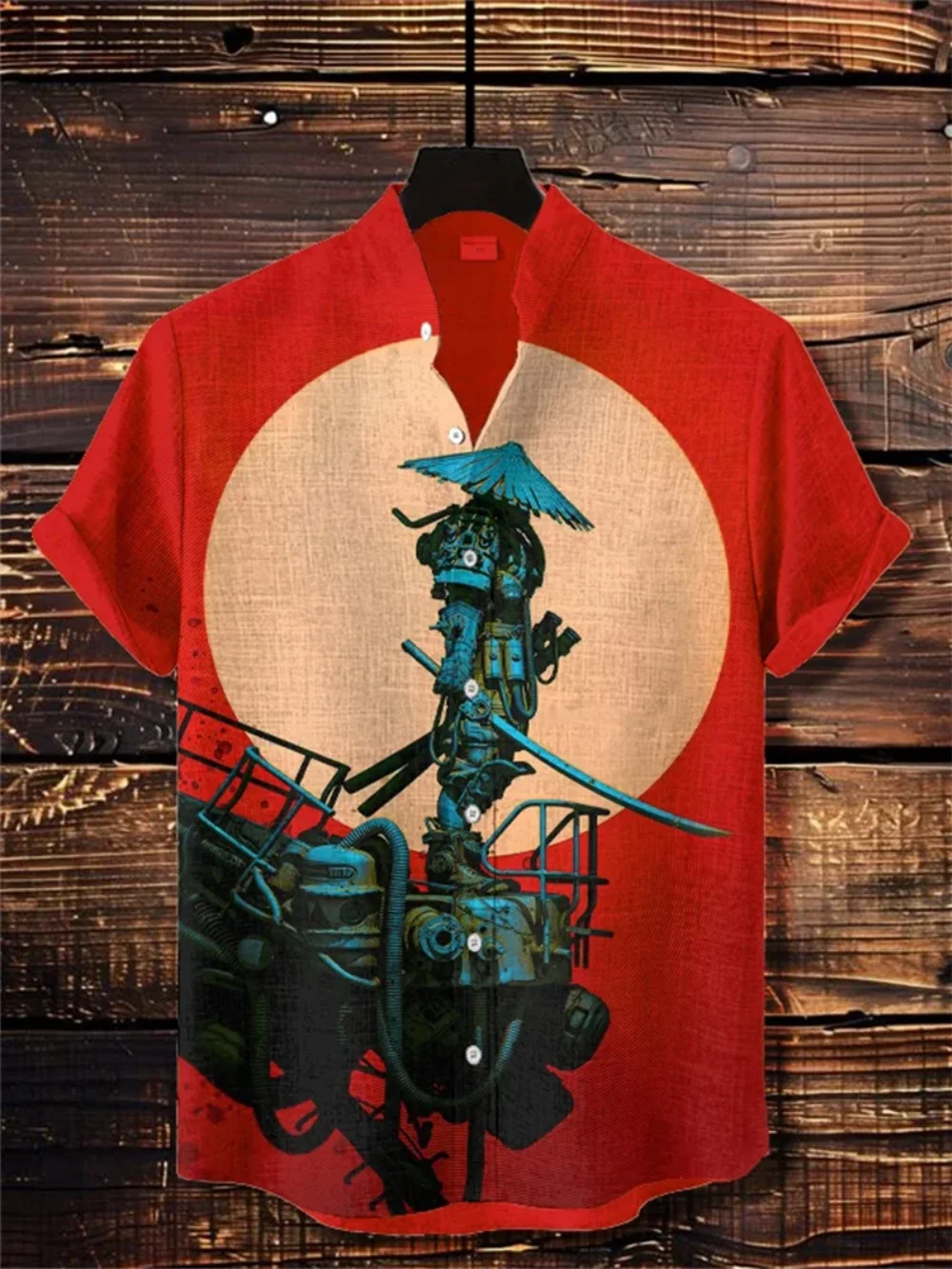 Men's Summer Shirt Cyberpunk Japanese Samurai Printed Stand up Collar Fashionable Social Ball Clothing