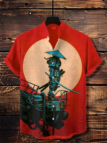Men's Summer Shirt Cyberpunk Japanese Samurai Printed Stand up Collar Fashionable Social Ball Clothing