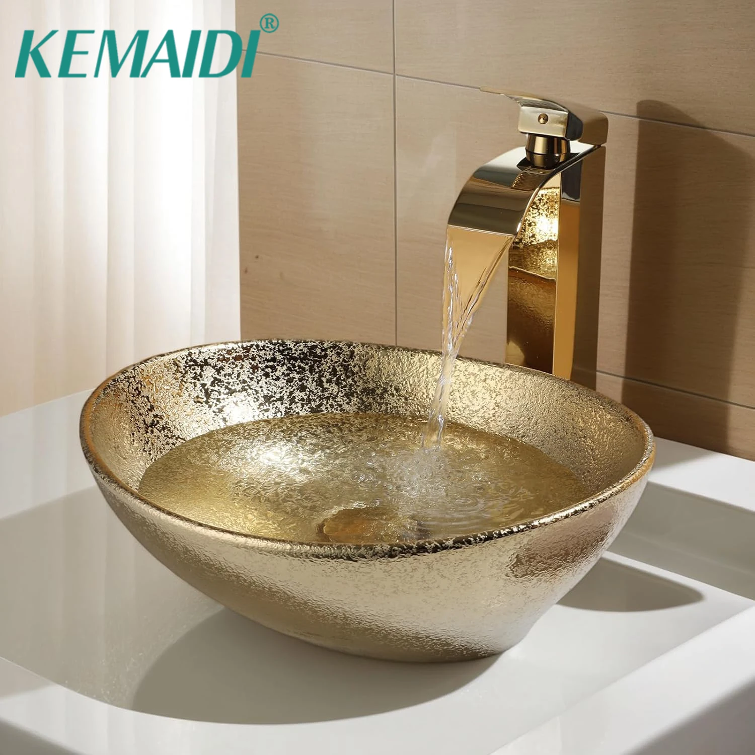 

KEMAIDI 16" Gold Bathroom Sink Ceramic Vessel Sinks for Bathrooms Above Counter Bathroom Sink Oval Vessel Sink with Faucet Combo