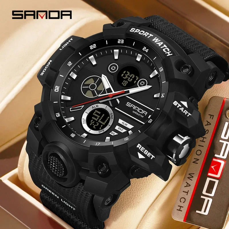 SANDA New Fashion Men Sport Watch Dual Display LED Luminous 5Bar Waterproof TPU Strap Chronograph Outdoor Student Watch