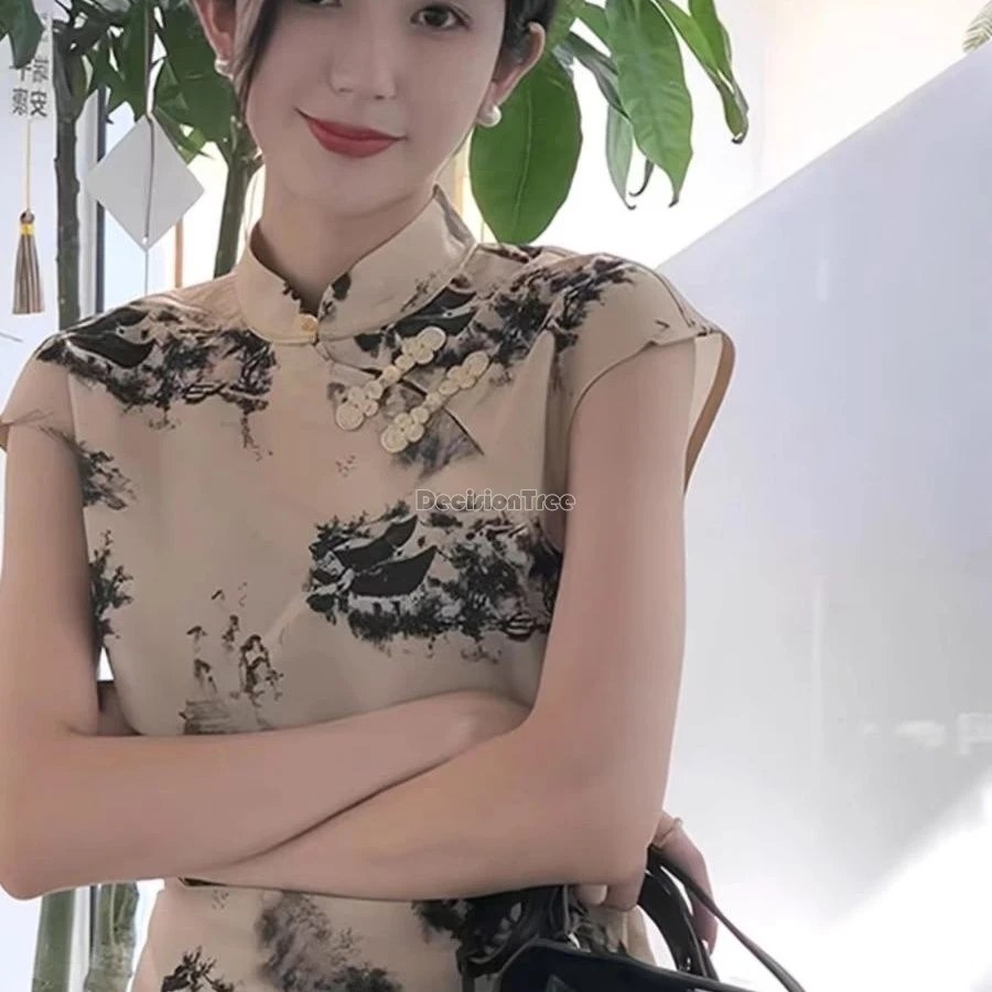 2024 new chinese style improved stand collar qipao top retro temperament elegant gentle zen top summer thin slim printing blouse