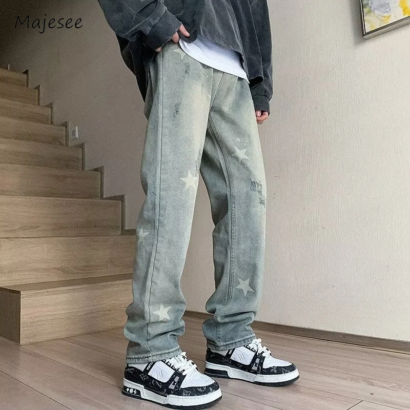 Jeans Men Star Print High Street Washed Hole Summer Chic Korean Style All-match Hip Hop Hipster Prevalent Denim Trousers Daily