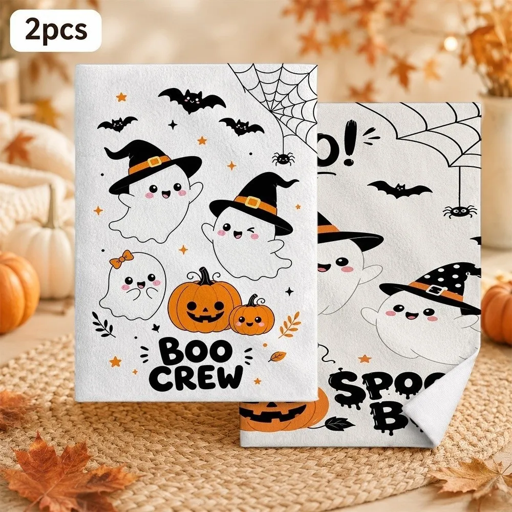 2 pcs Halloween Decor Ghost Halloween Dish Towels Pumpkin Cat Hand Towel Funny Strong Absorbent Kitchen Towel New Home Gift