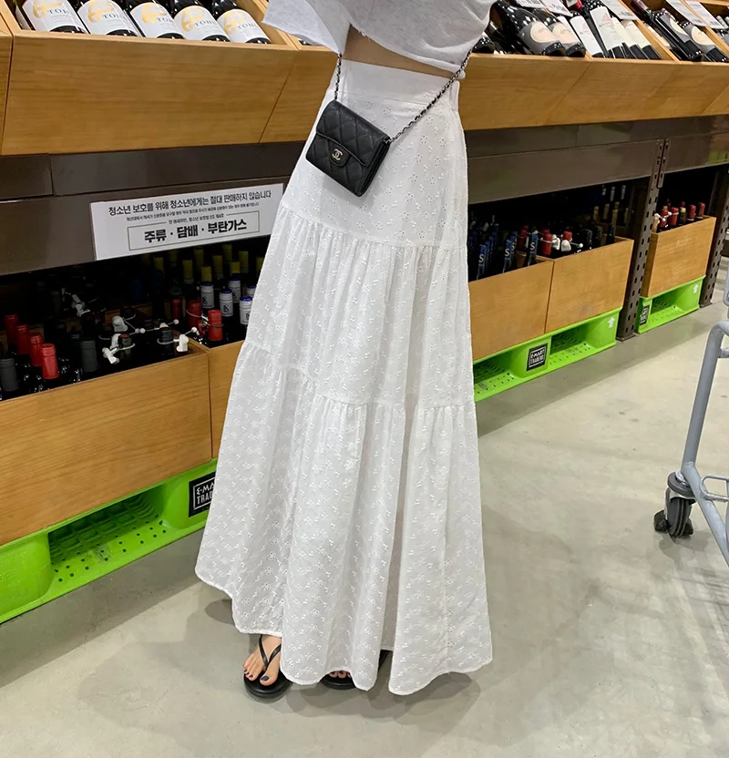 Lace Hollow out Half Skirt Women's Vintage Elastic Waist Anti-Aging Pleated Splicing A-Line Cake Skirt Trendy Commute Style
