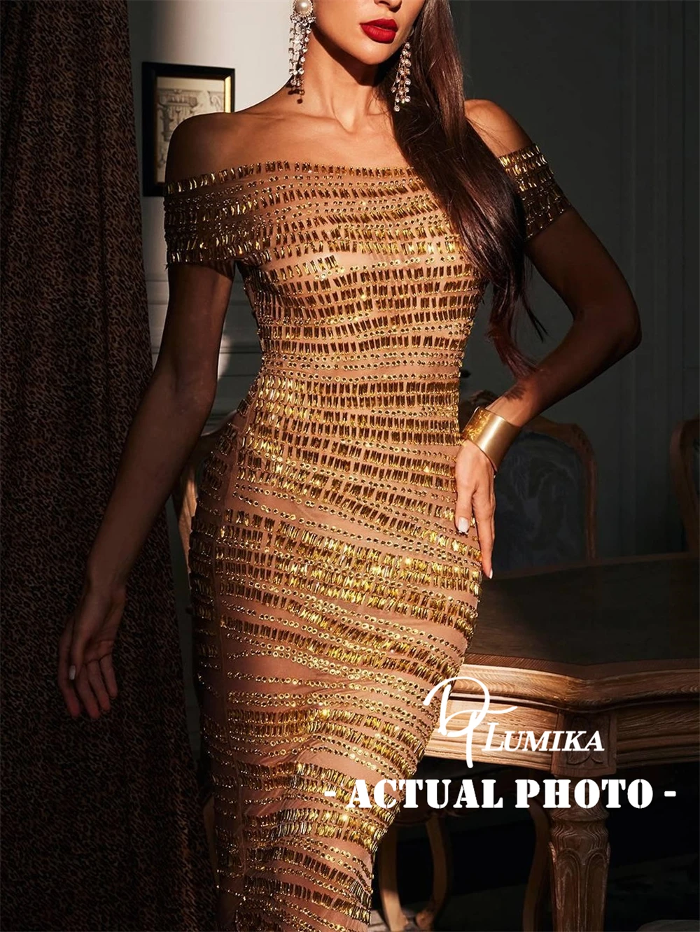 

DTLumika Off Shoulder Gold Maxi Dress for Formal Occasions Long Sheath Illusion Evening Dresses Luxury Party Prom Gowns