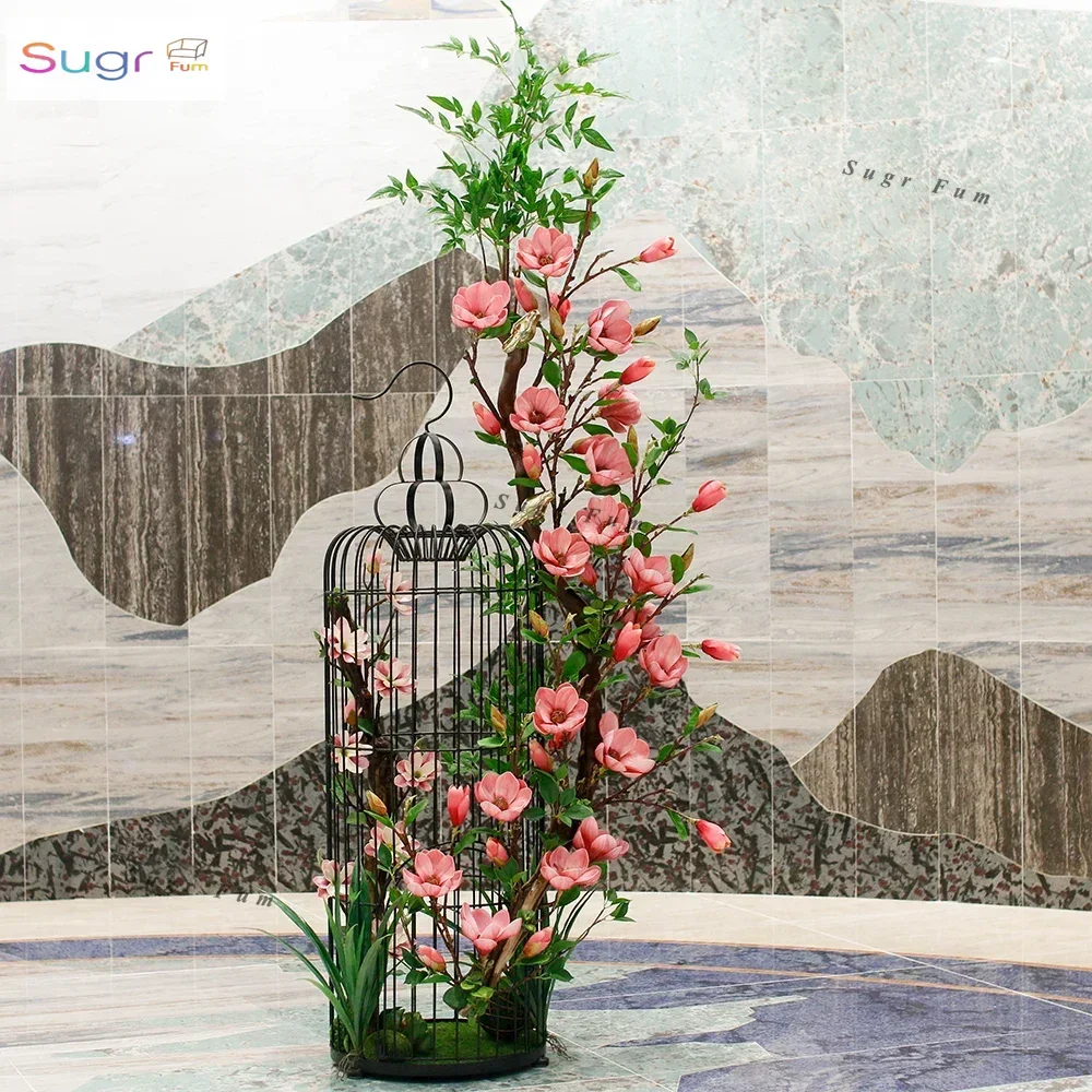 Living room new Chinese model room hotel large lobby floor revolving door floral bird cage set ornament fake flower