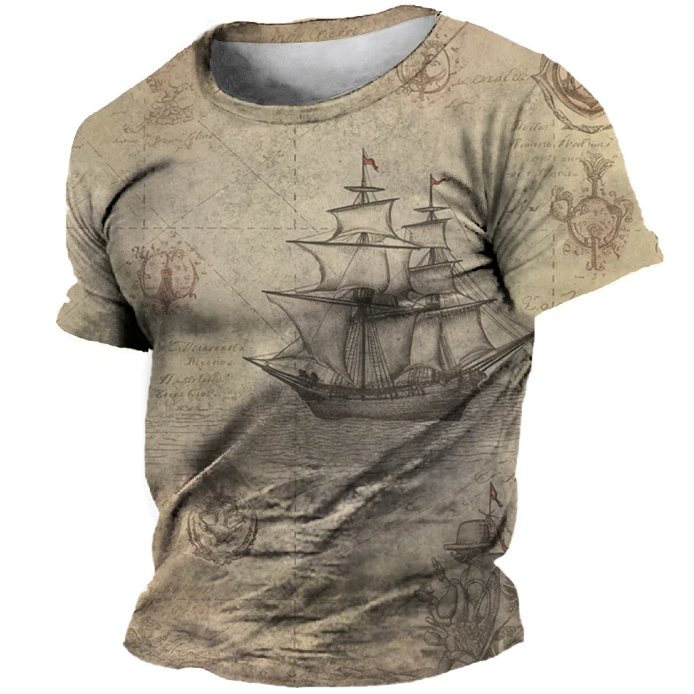 Vintage T-Shirt For Mens 3D Compass Print Short Sleeve Tops Fashion Street Ship Graphic T Shirt Oversized Tee Shirt Men Clothing