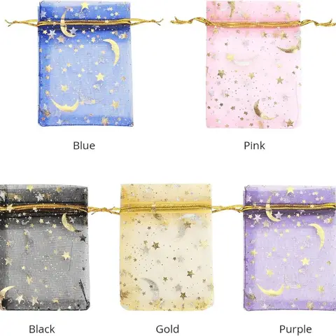 Organza nätpåse med guldfolie stjärnor månar dragsko påse för kosmetika gåvor godis bröllopsgåvor kosmetikaförvaringspåse 8 best sales väskor på rea - №3