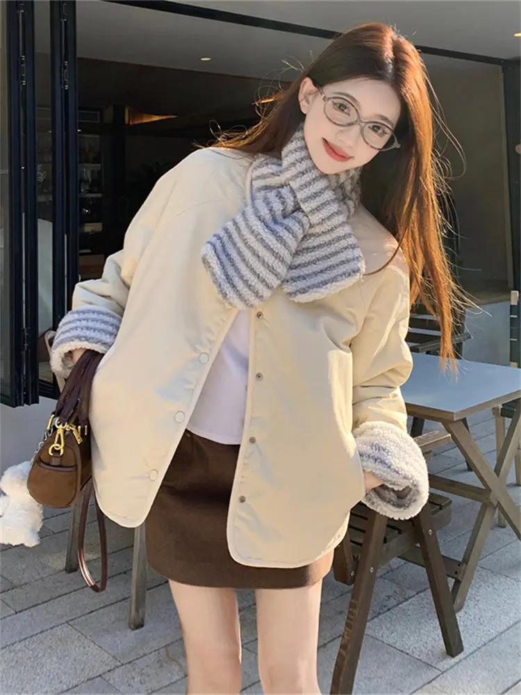 

Корейское модное новое зимнее пальто-куртка для женщин: двустороннее, повседневное, свободное, теплое, хлопковое, с длинными рукавами и круглым вырезом