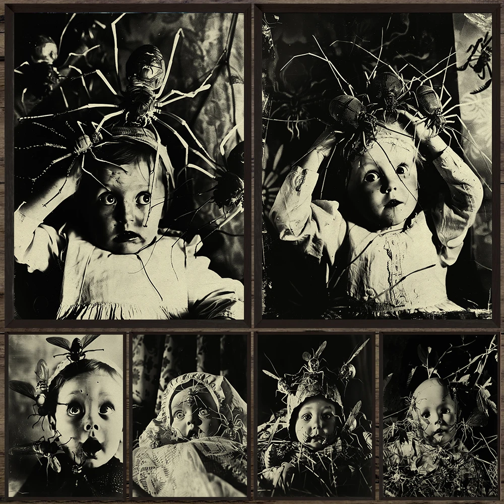 

Insects Around Babies Horror Vintage Photo Wall Art Canvas Painting,Scary Spiders, Bees And Moths, Gothic Art Poster Print Decor