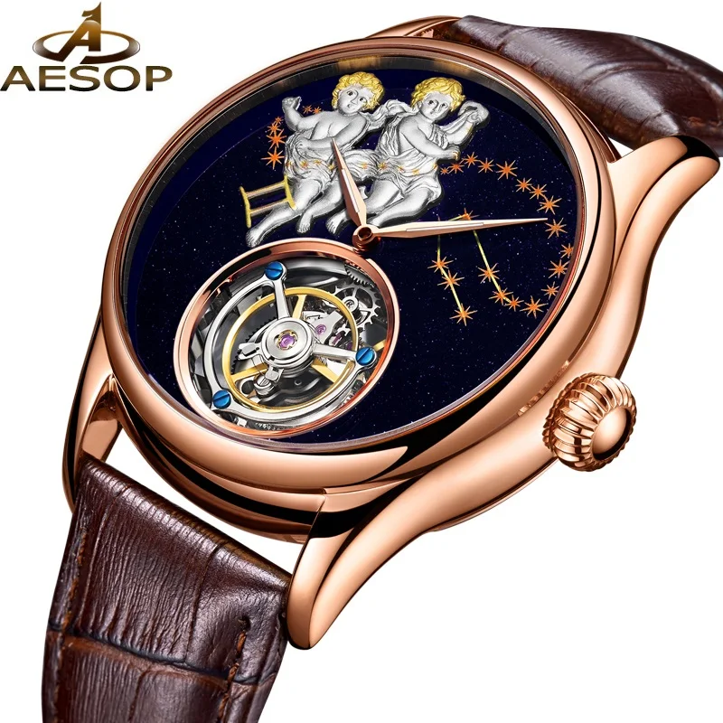 

AESOP Moon Phase Мужские часы с сапфировым стеклом Запас хода Автоматические мужские повседневные механические часы со скелетом Gemini Relogio Masculino