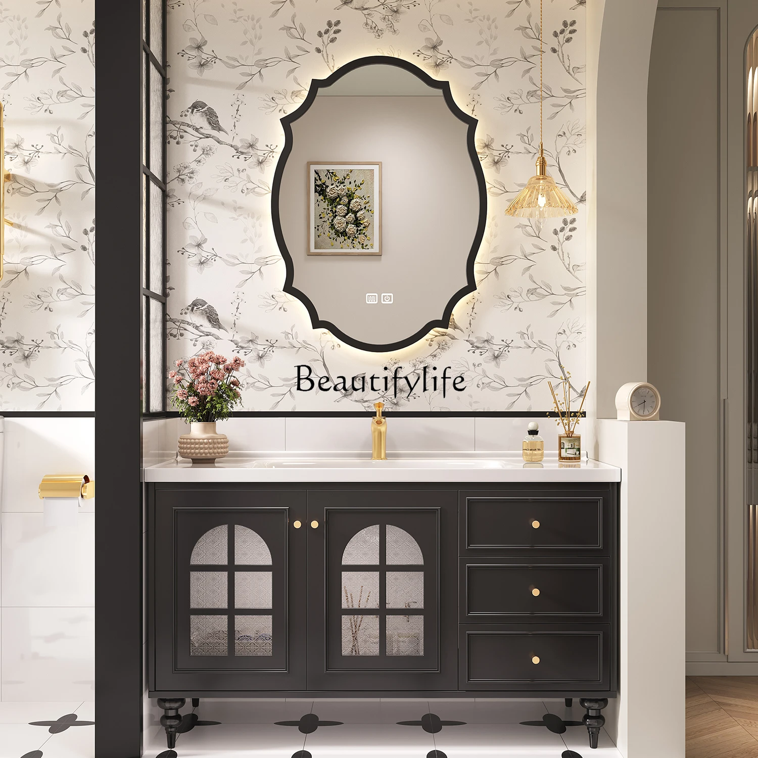 

French medieval bathroom cabinet floor-to-ceiling ceramic integrated basin 2025 new bathroom washstand