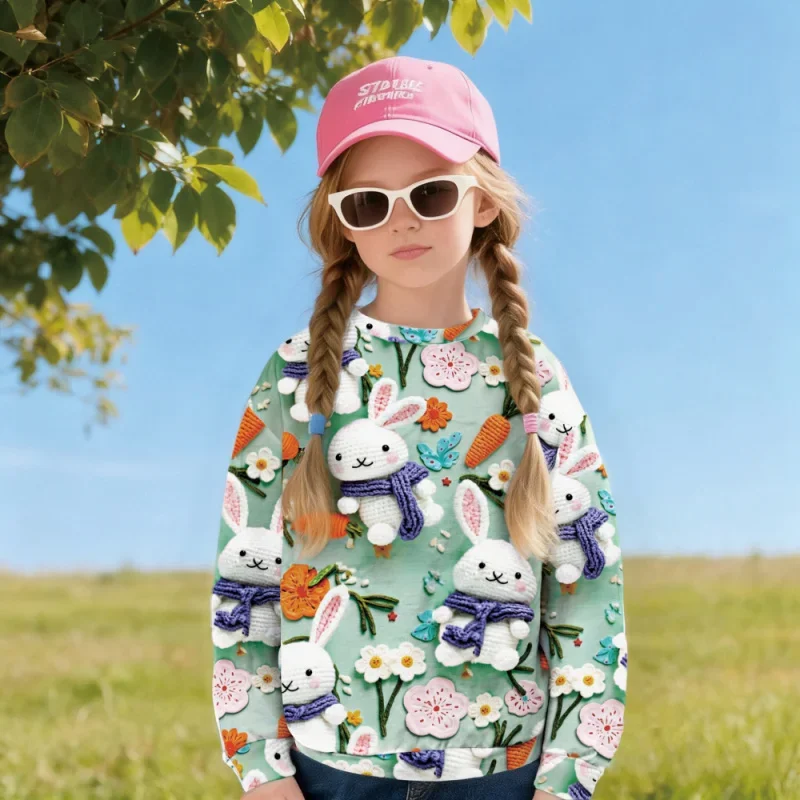 

2025 New Kids Sweatshirt Girls Cute Cartoon Bunny 3D Crochet Flower Print Long Sleeve Top Spring Autumn Casual Children Clothing