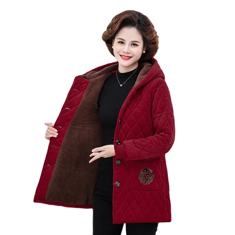 

Corduroy Women Jacket 2023 New Winter Middle-aged and elderly Thicken Warm Cotton Padded Outwaer Female Casual Loose Overcoats