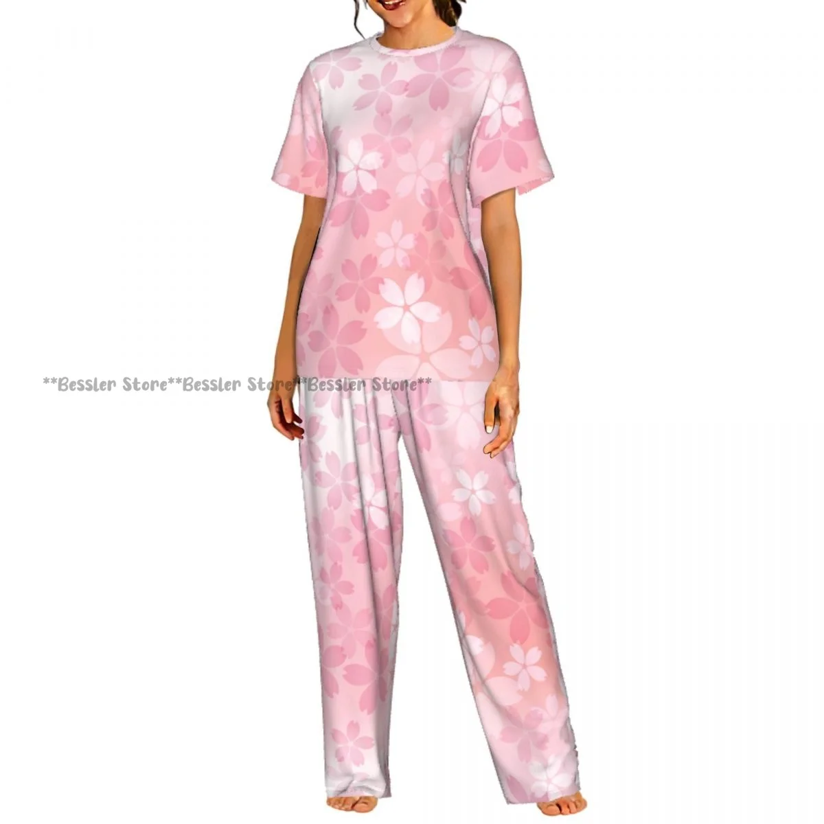

Женские пижамные комплекты, одежда для отдыха и сна, розовая ночная рубашка с короткими рукавами и изображением цветущих вишневых цветов