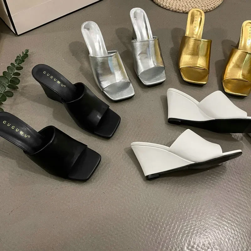 Retro Wedge Slippers Women Summer Wear Square Head Open Toe Thick Soled line Sexy High-heeled Slides